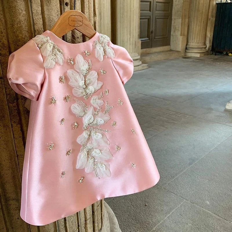 Pink Satin Hand-Embellished Baby Girls Dress