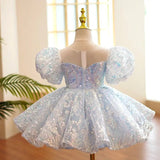 Iridescent Sequined Puff Sleeve Ball Gown with Pearl Details - CupcakePageantDress