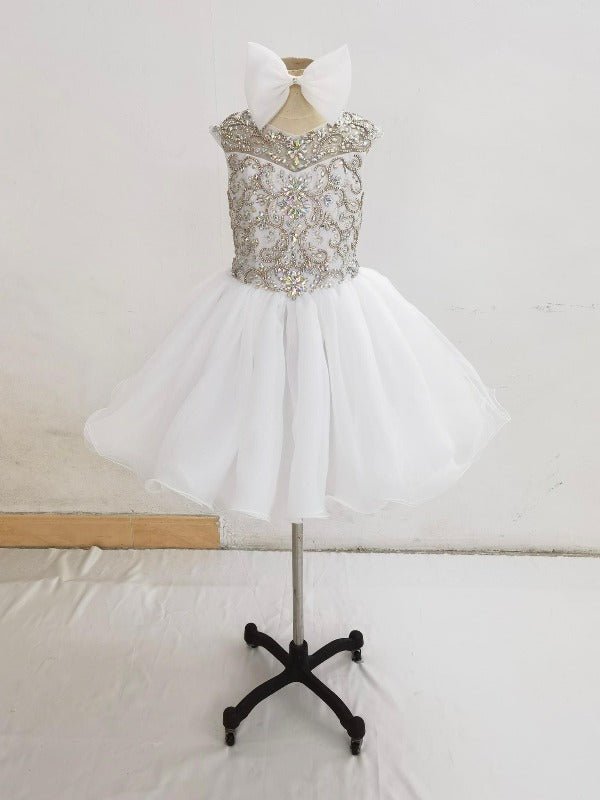 Stylish Cap Sleeve Little Girl Short White Sparkly Gowns - CupcakePageantDress