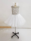 Stylish Cap Sleeve Little Girl Short White Sparkly Gowns - CupcakePageantDress