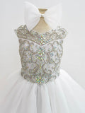 Stylish Cap Sleeve Little Girl Short White Sparkly Gowns - CupcakePageantDress