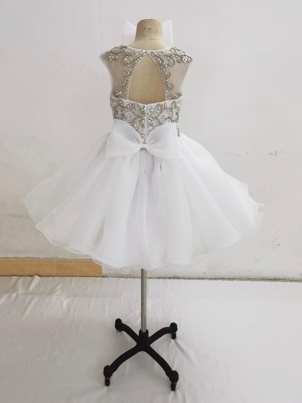 Stylish Cap Sleeve Little Girl Short White Sparkly Gowns - CupcakePageantDress