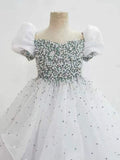 Customize Elegant V Neck Pearls Bodice White Tween Ball Gown - CupcakePageantDress