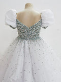 Customize Elegant V Neck Pearls Bodice White Tween Ball Gown - CupcakePageantDress