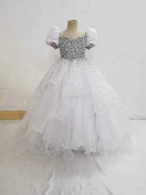 Customize Elegant V Neck Pearls Bodice White Tween Ball Gown - CupcakePageantDress