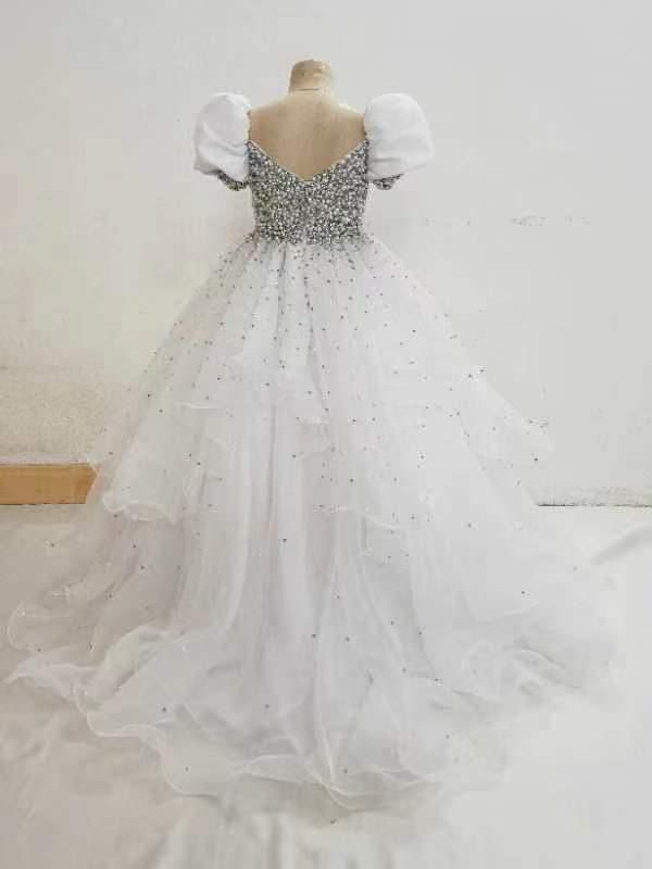 Customize Elegant V Neck Pearls Bodice White Tween Ball Gown - CupcakePageantDress