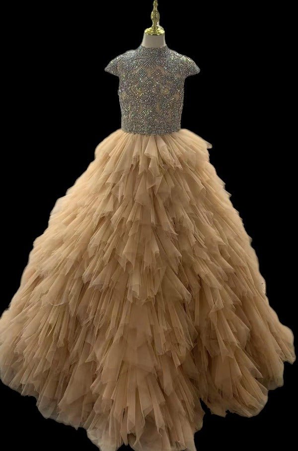 Glitzly Cap Sleeve Champagne Ball Gown for Little Child - CupcakePageantDress
