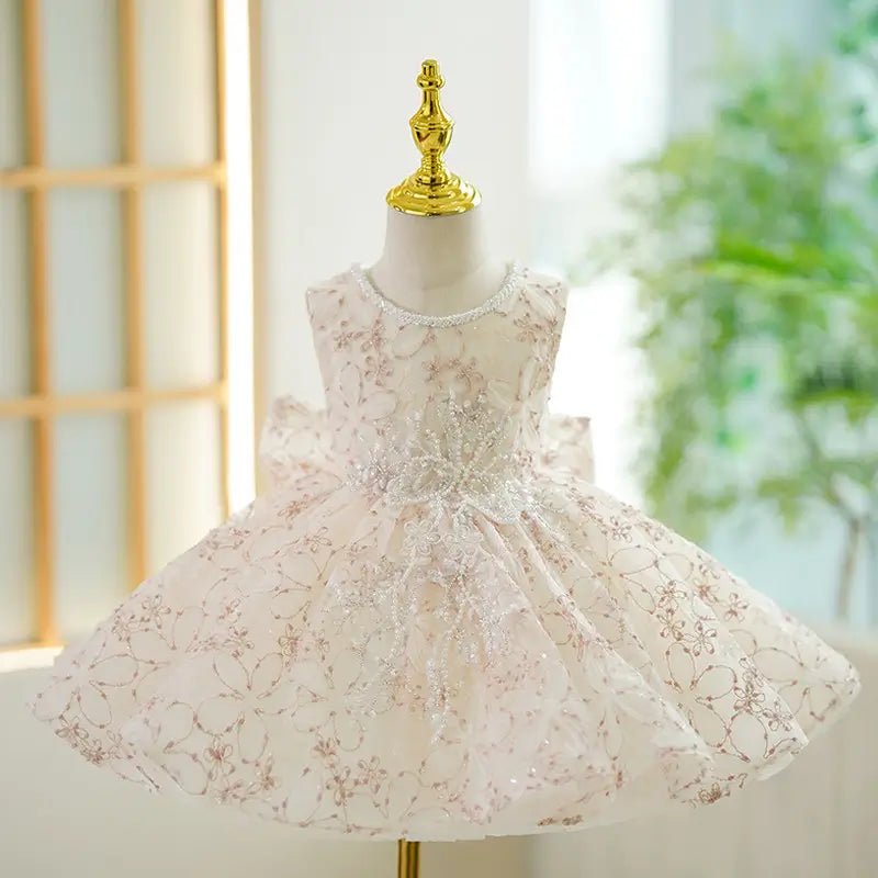 Elegant Lace Applique Girl's Formal Dress with Pearl Bodice