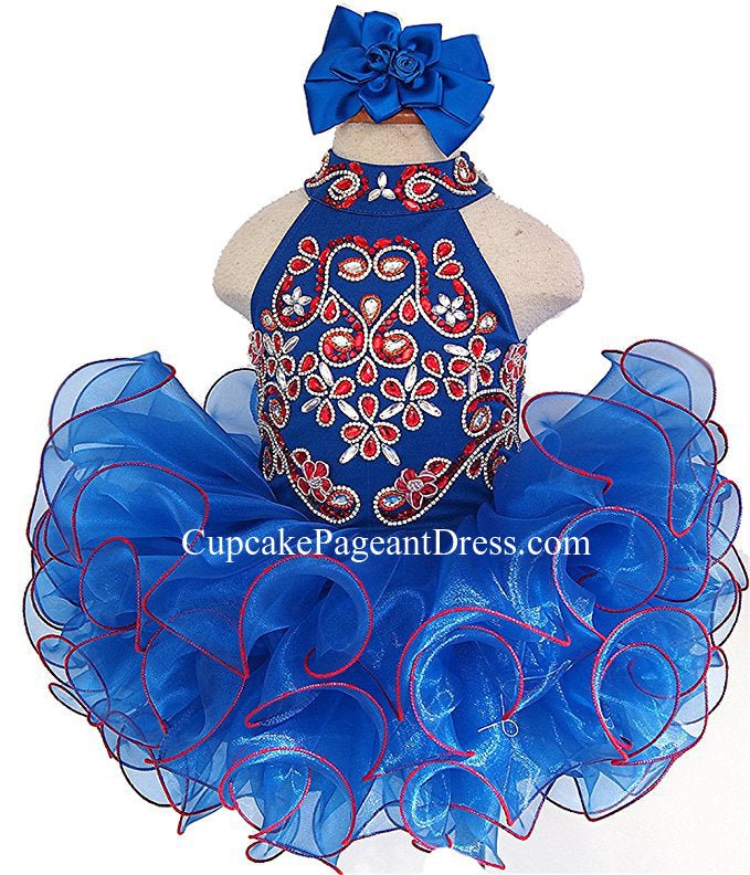 Halter Beaded Bodice Nations Infant/toddler/Little Girl/Baby Girl Glitz Pageant Dress with Hair Bow - CupcakePageantDress