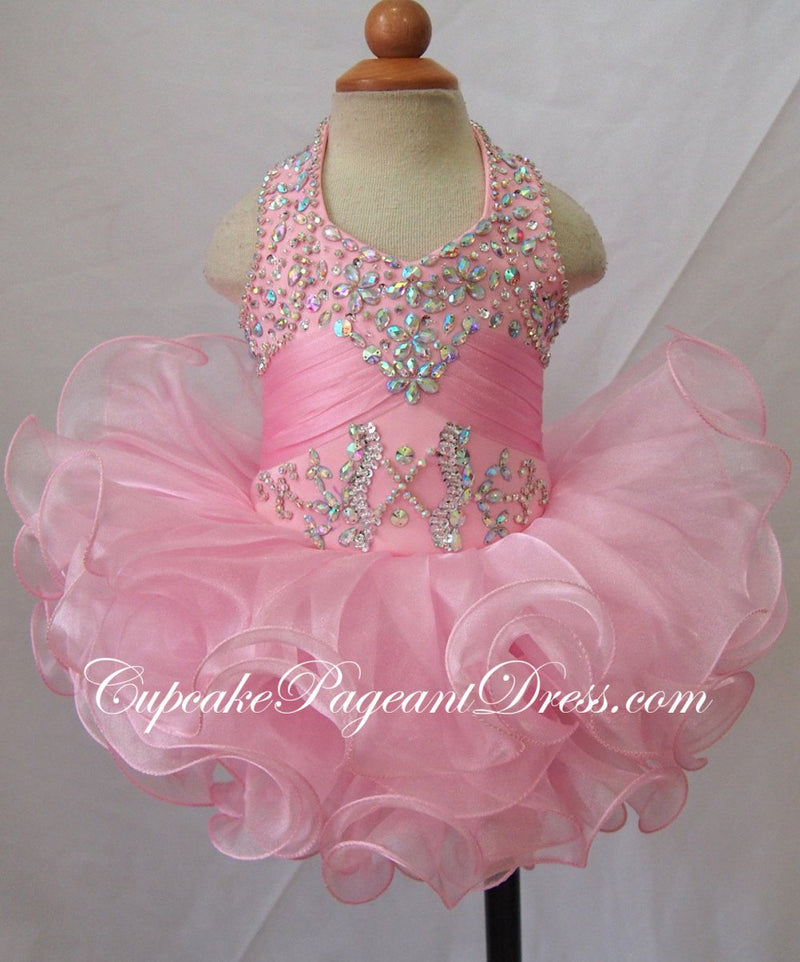 Halter Beaded Pink Little Girls/Newborn/Infant/Child Pageant Dress - CupcakePageantDress