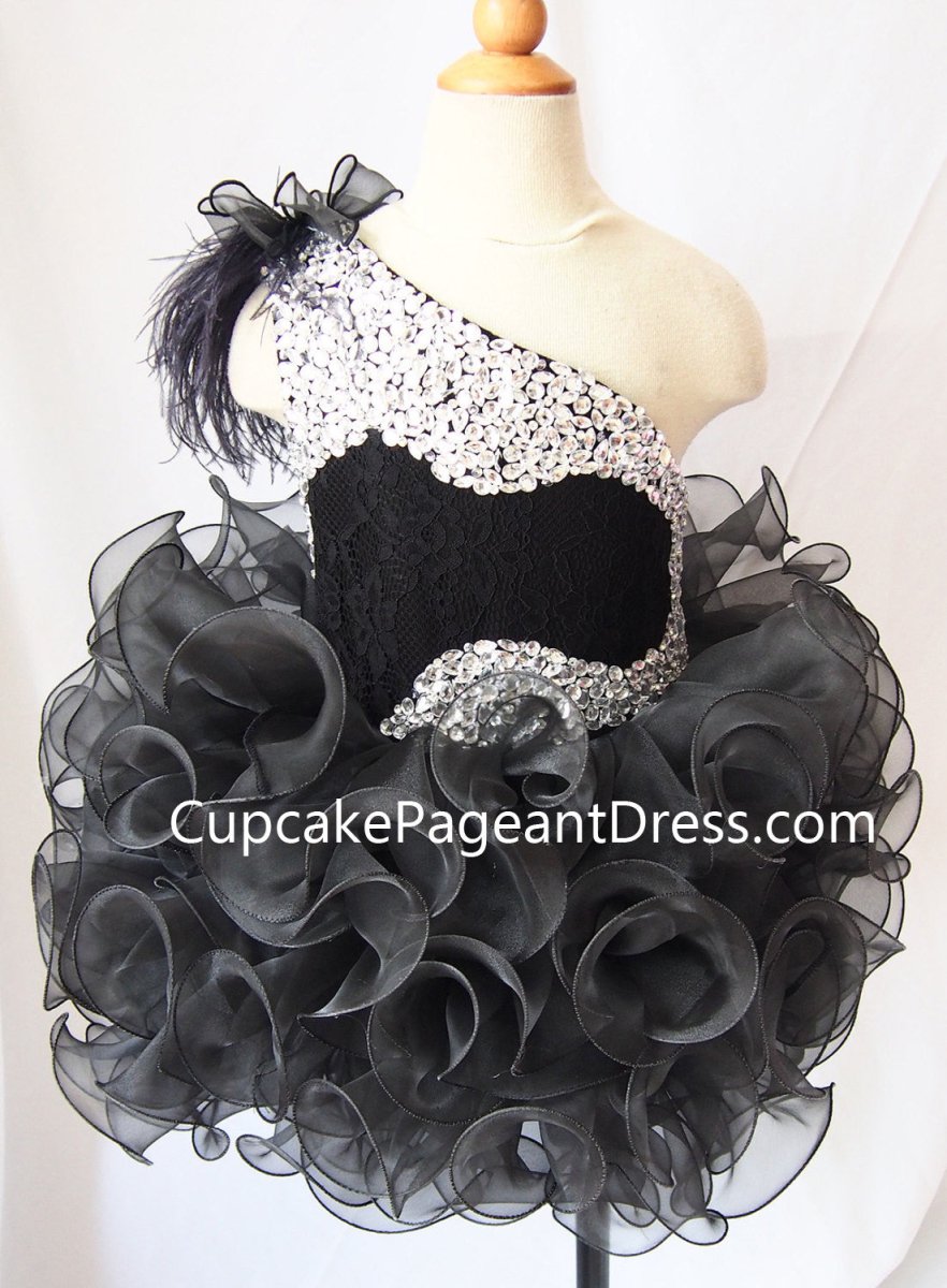 One Shoulder Feather Beaded Bodice Black Cupcake Pageant Dress - CupcakePageantDress