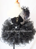 One Shoulder Feather Beaded Bodice Black Cupcake Pageant Dress - CupcakePageantDress