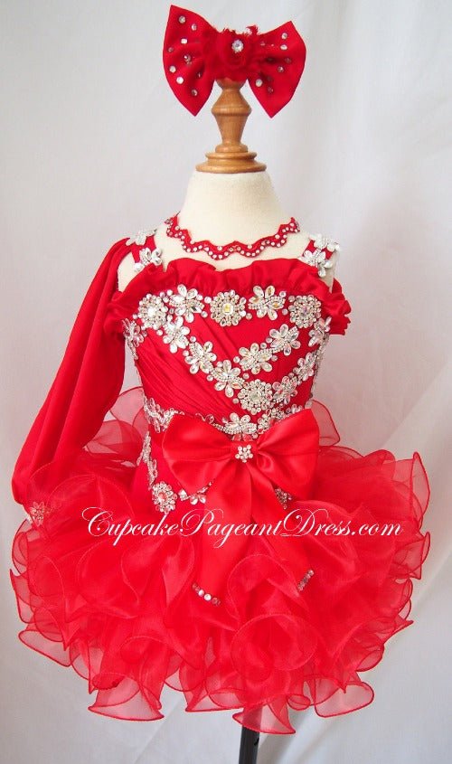 One Shoulder Glitz Beaded Little Girl Red Pageant Dress,Child Pageant Dress,Toddler pageant - CupcakePageantDress